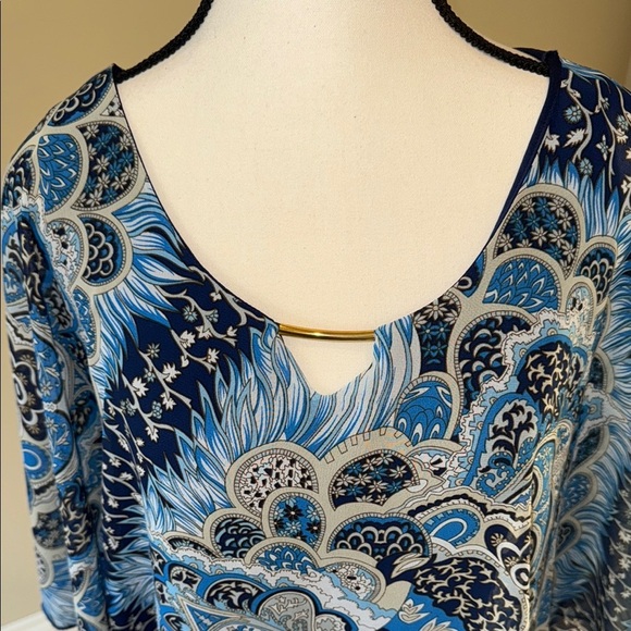 Initiatives Blue and Black Asymmetrical Poncho Sleeve Boho Blouse - Picture 4 of 11